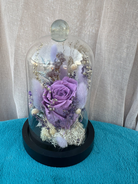 cloche fleurie, cloche, rose éternelle, mauve, violet, fleurs séchées, artisanat, fleurs