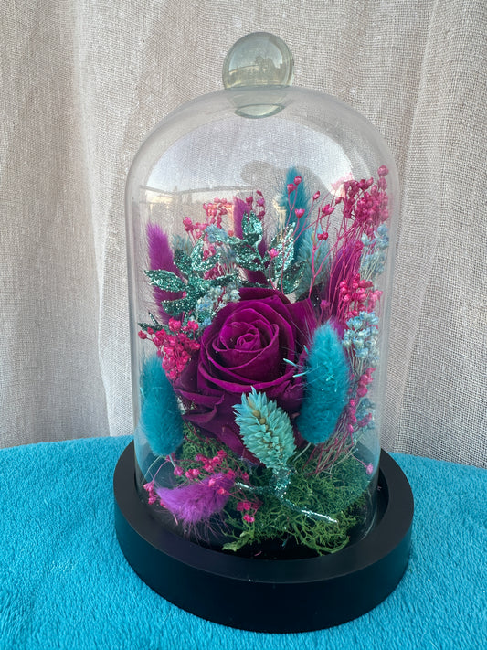 rose éternelle, cloche, cloche fleurie, déco, cadeau, fleurs séchées